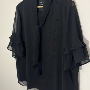 BEBE, Large Black Flowy Blouse w/ Button down details, Ruffle Sleeves, Neck Tie